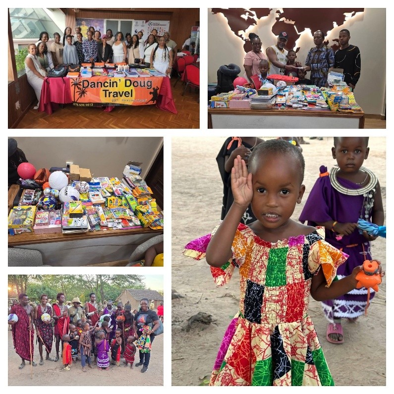 Volunteers donating supplies to smiling children